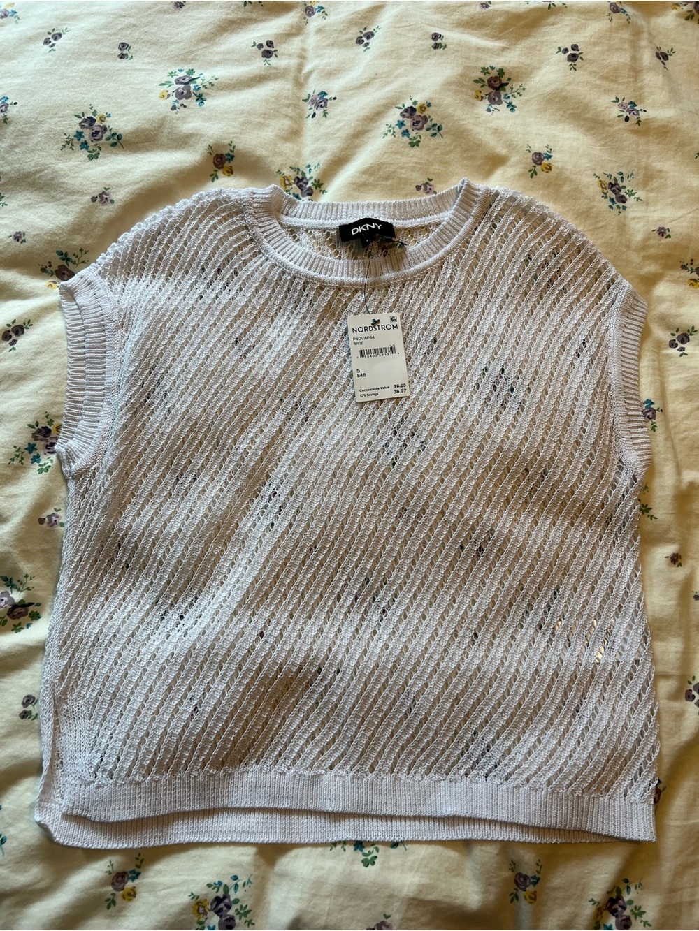 DKNY Cream Open-Knit Sleeveless Crewneck Sweater